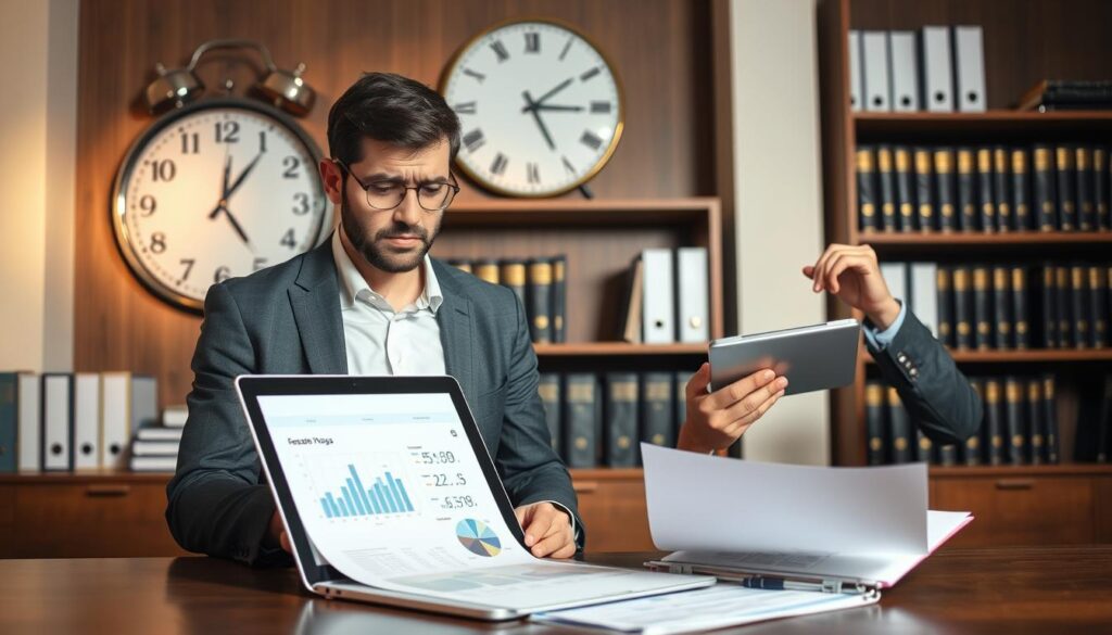 A representative office scene illustrating the concept of "underpaid compensation". In the foreground, a professional in business attire reviews paperwork, looking concerned while holding a calculator, symbolizing financial scrutiny. In the middle ground, a large wall clock shows the time, indicating urgency. An open laptop displays graphs and figures for visual context. In the background, shelves filled with legal books and folders provide a professional atmosphere. The lighting is warm and soft, casting gentle shadows that enhance the seriousness of the situation. The image conveys a mood of thoughtful determination, as the individual grapples with the complexities of compensation analysis. The color palette should consist of muted tones to reflect the serious subject matter.