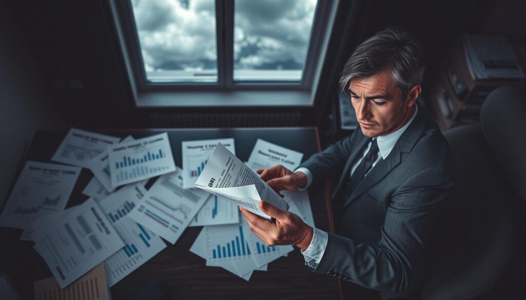A somber office scene depicting a financial advisor seated at a desk surrounded by papers and documentation, representing the theme of reduced compensation payouts. The foreground features a concerned person in professional business attire, looking perplexed as they review a letter with a visibly low financial figure. In the middle, charts and graphs of insurance claims and payout statistics are scattered across the desk, highlighting the issues of diminished compensation. The background shows a window with cloudy skies, creating a dim atmosphere that captures the stress associated with financial disputes. Soft, diffused lighting enhances the mood, suggesting a sense of uncertainty and concern in the air. The angle is slightly overhead, providing an encompassing view of the situation without any distractions, focusing on the serious tone of the subject matter. A somber office scene depicting a financial advisor seated at a desk surrounded by papers and documentation, representing the theme of reduced compensation payouts. The foreground features a concerned person in professional business attire, looking perplexed as they review a letter with a visibly low financial figure. In the middle, charts and graphs of insurance claims and payout statistics are scattered across the desk, highlighting the issues of diminished compensation. The background shows a window with cloudy skies, creating a dim atmosphere that captures the stress associated with financial disputes. Soft, diffused lighting enhances the mood, suggesting a sense of uncertainty and concern in the air. The angle is slightly overhead, providing an encompassing view of the situation without any distractions, focusing on the serious tone of the subject matter.