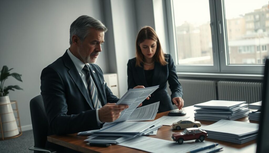 A somber office setting with two professionals discussing financial documents related to vehicular collision compensation. In the foreground, a middle-aged man in a tailored navy suit reviews a claim, while a focused woman in a smart blazer points to a highlighted section on her tablet. The middle ground features a cluttered desk with stacks of papers, a calculator, and a small model car symbolizing accident claims. In the background, large windows provide soft, natural light, casting gentle shadows and creating a contemplative mood. The atmosphere is tense yet professional, emphasizing the seriousness of underestimating compensation claims in the context of auto incidents. The image captures a moment of deep consideration and debate about financial values and client rights.
