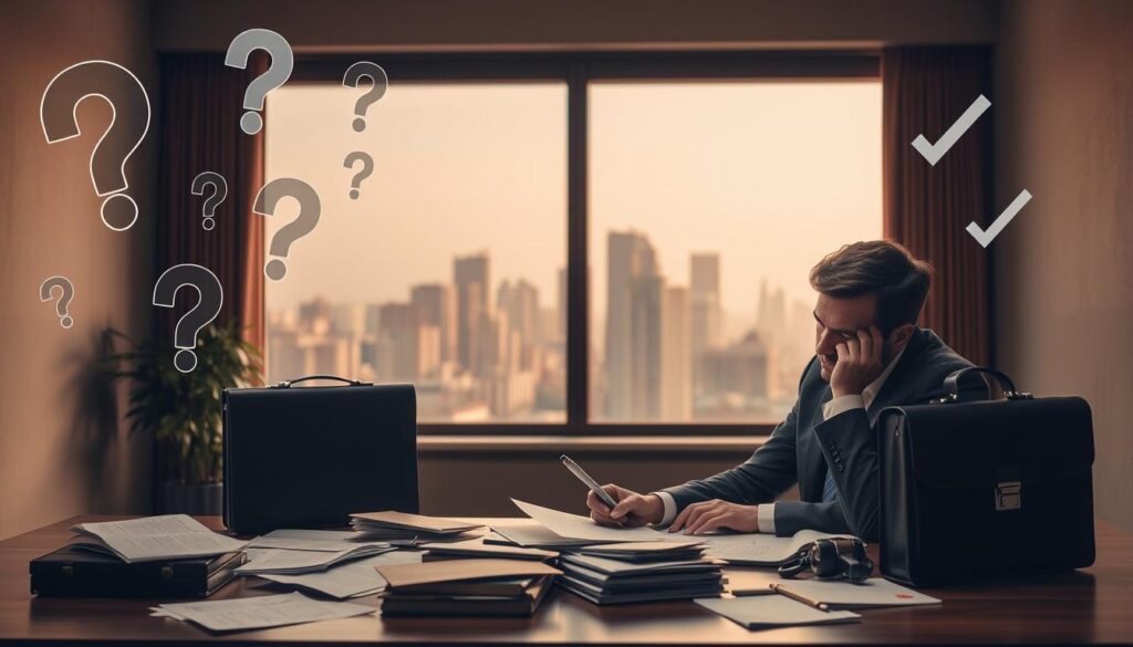 A somber yet informative scene depicting the concept of health compensation claims. In the foreground, a professional individual dressed in business attire sits at a desk, thoughtfully reviewing paperwork and documents related to a health compensation case. Briefcases and medical bills are scattered around, symbolizing the complexity of claims. In the middle ground, a large window reveals a cityscape bathed in soft, natural light, creating a sense of realism and seriousness. In the background, abstract representations of myths and facts about compensation—like question marks intertwined with check marks—hint at the dual nature of the topic. The atmosphere is focused and contemplative, with warm lighting highlighting the individual's concentration and determination. The overall mood should evoke professionalism and insight into the topic at hand.