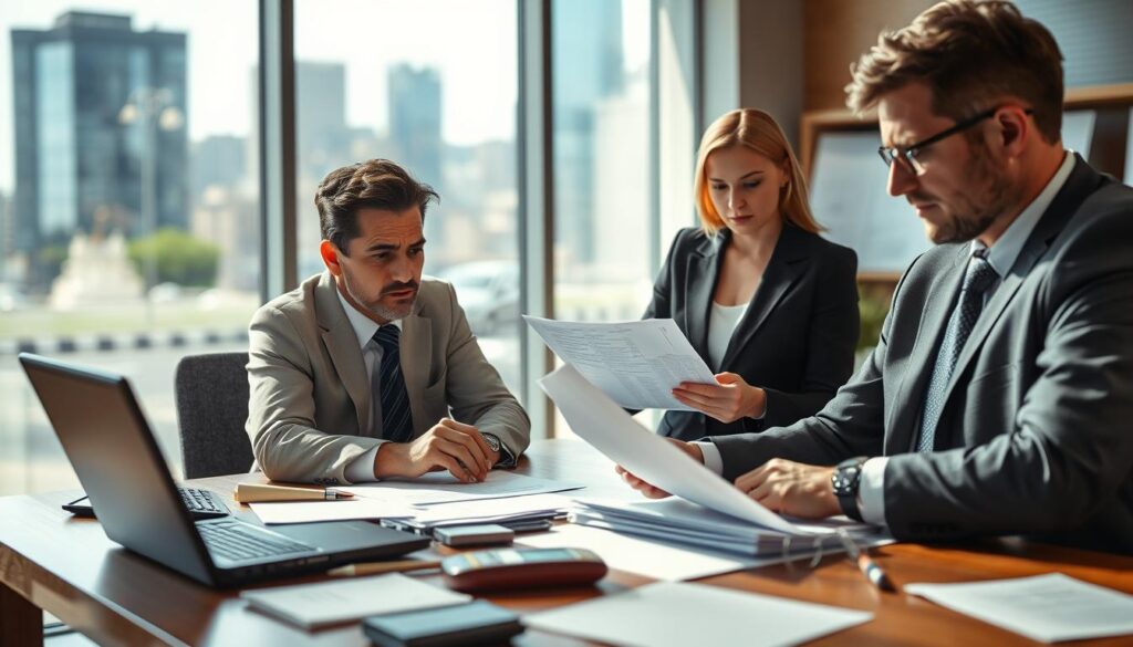 A visually engaging scene illustrating the "appeal process" related to diminished compensation after an accident. In the foreground, a professional-looking man in business attire is discussing legal documents at a wooden desk cluttered with papers, a calculator, and a laptop. In the middle ground, a concerned woman in a business suit is reviewing the documents, looking thoughtful and engaged. In the background, there's a blurred large window with a cityscape, suggesting determination and focus on resolving the issue. The lighting is bright and natural, pouring in from the window, creating a hopeful and focused atmosphere. The angle is slightly elevated, emphasizing the interaction between the two subjects while conveying a sense of professionalism and urgency in the appeal process.