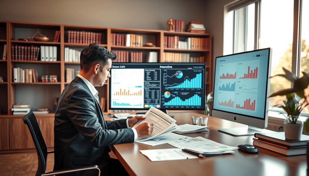 A well-organized office setting showcasing a professional analysis of an insurance decision. In the foreground, a business consultant in a sharp suit is reviewing documents at a modern desk, with analytical charts and reports spread out. The middle ground features a large monitor displaying a detailed insurance claim analysis, with graphs and data visualizations illuminated on the screen. In the background, there are bookshelves filled with legal texts and reference materials, alongside a large window allowing natural light to flood the room, creating a bright and focused atmosphere. The mood is serious and focused, reflecting the importance of scrutinizing insurance decisions, captured in a realistic style with a slight depth of field to emphasize the consultant's engagement with the documents.