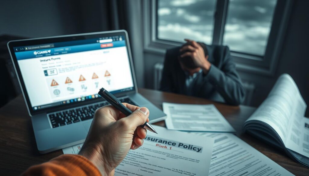 A worried person sitting at a desk covered with paperwork and insurance documents, reflecting doubt and uncertainty about their compensation claim. In the foreground, a hand holding a pen, hovering over a claim form, symbolizing indecision. The middle layer features a laptop displaying a claims portal with warning icons, and an insurance policy document partially open. The background shows a dimly lit room with a window revealing a gloomy sky, enhancing the mood of anxiety and confusion. Soft, diffused lighting casts gentle shadows, creating a somber atmosphere. The scene is depicted from a slight overhead angle to capture all elements, emphasizing the complexity and challenges in the insurance claim process. A worried person sitting at a desk covered with paperwork and insurance documents, reflecting doubt and uncertainty about their compensation claim. In the foreground, a hand holding a pen, hovering over a claim form, symbolizing indecision. The middle layer features a laptop displaying a claims portal with warning icons, and an insurance policy document partially open. The background shows a dimly lit room with a window revealing a gloomy sky, enhancing the mood of anxiety and confusion. Soft, diffused lighting casts gentle shadows, creating a somber atmosphere. The scene is depicted from a slight overhead angle to capture all elements, emphasizing the complexity and challenges in the insurance claim process.