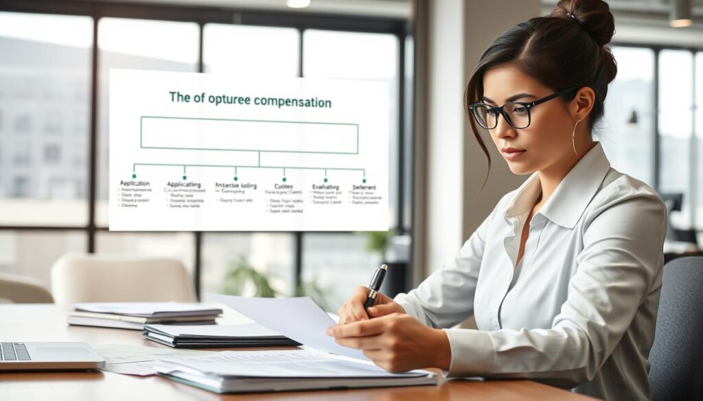 A detailed and informative scene depicting the process of obtaining insurance compensation. In the foreground, a professional businesswoman in formal attire sits at a desk, reviewing documents with a focused expression. She holds a pen, surrounded by papers and a laptop, symbolizing the meticulous work involved in the claims process. In the middle, a flowchart graphic illustrating different stages of compensation claims—such as application, evaluation, and settlement—hangs on the wall, providing a clear visual reference. The background shows a modern office environment with soft, natural lighting filtering through large windows, creating a calm and professional atmosphere. The overall composition conveys a sense of diligence and clarity, perfect for an informative section on the claims process.
