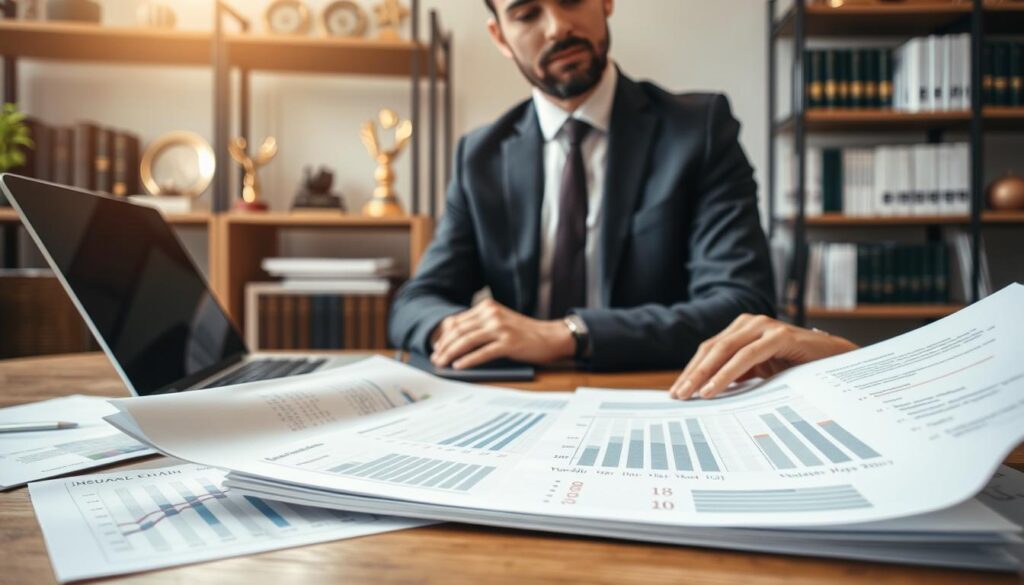 A detailed close-up of a professional consultation scene in an office setting, showcasing a business professional in smart attire examining a detailed damage assessment report. In the foreground, emphasize the report filled with charts and figures indicating the valuation of a vehicular damage claim. The middle ground can feature a laptop displaying insurance policy details, along with documents scattered over a wooden desk, symbolizing a thorough evaluation process. In the background, softly blurred shelves filled with insurance books and awards create a sense of authority and professionalism. Bright, natural lighting coming from a nearby window illuminates the scene, casting soft shadows and enhancing the seriousness of the subject. The overall atmosphere is focused and analytical, reflecting an important financial discussion.