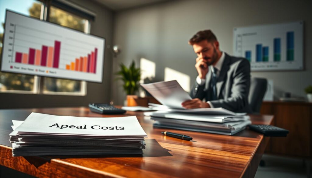 A detailed, visually striking scene representing the concept of "koszty odwołania," set in a professional office environment. In the foreground, a stack of paperwork labeled "Appeal Costs" sits on a polished wooden desk, with a calculator and a pen nearby. In the middle, a concerned business professional in a suit is engaged in a phone call, looking thoughtfully at the documents. The background features a large window with natural light flooding in, casting soft shadows across the room, enhancing the mood of urgency and contemplation. An abstract chart depicting costs is displayed on a wall-mounted screen, hinting at financial analysis. The overall atmosphere is serious and focused, emphasizing the importance of understanding appeal costs in insurance claims.