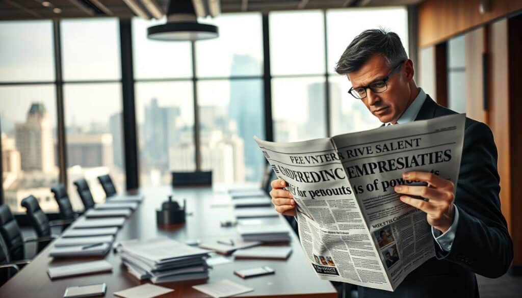 A dramatic office scene highlighting the impact of media on undervalued compensation claims. In the foreground, a concerned business professional in formal attire reads a newspaper featuring alarming headlines about reduced payouts. The middle ground shows a modern conference table cluttered with documents, indicating an ongoing discussion about policy and media influence. In the background, large windows let in natural light, illuminating a cityscape that hints at corporate power. The atmosphere is tense yet focused, with warm lighting casting soft shadows, emphasizing the tension in the room. The composition should have a slight angle to create depth, allowing for a closer view of the unsettling documents and the intensity of the professional's expression.
