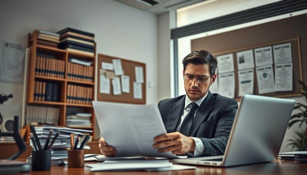 A dynamic scene depicting a professional office environment illustrating the theme of insurance claims and appeals. In the foreground, a focused individual in business attire, seated at a desk cluttered with paperwork, pens, and a laptop, is reviewing a claim document with an expression of concern. In the middle ground, shelves filled with thick legal books and a bulletin board full of notices about claim processes add depth. The background features a large window with soft, diffused natural light pouring in, highlighting the seriousness of the appeal process. The overall mood should be tense yet professional, conveying the complexity and emotional weight of the claims process. The angle is slightly overhead, providing a comprehensive view of the workspace.