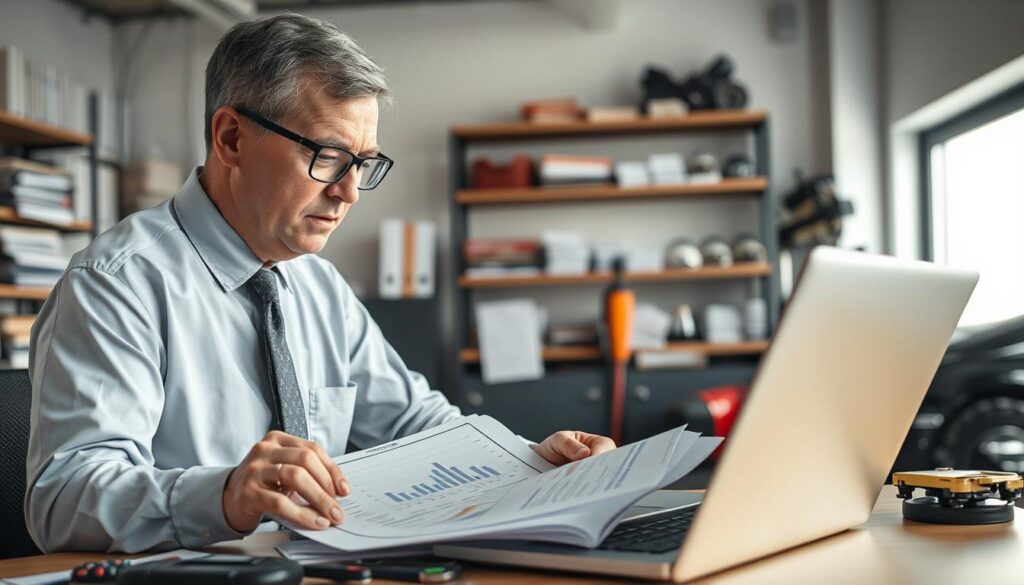 A professional automotive expert analyzing a car's damage report in an office setting. In the foreground, a middle-aged man in a neatly pressed shirt and tie, wearing glasses, is focused on a detailed damage report on his desk. He is surrounded by automotive tools and a laptop displaying graphs and statistics. In the middle ground, a large window allows soft, natural light to illuminate the space, highlighting the seriousness of the analysis. In the background, shelves lined with automotive manuals and inspection equipment create a scholarly atmosphere. The mood is intense but professional, reflecting a sense of diligence and expertise in assessing vehicle damage for insurance purposes, conveying the essence of an expert appraisal.