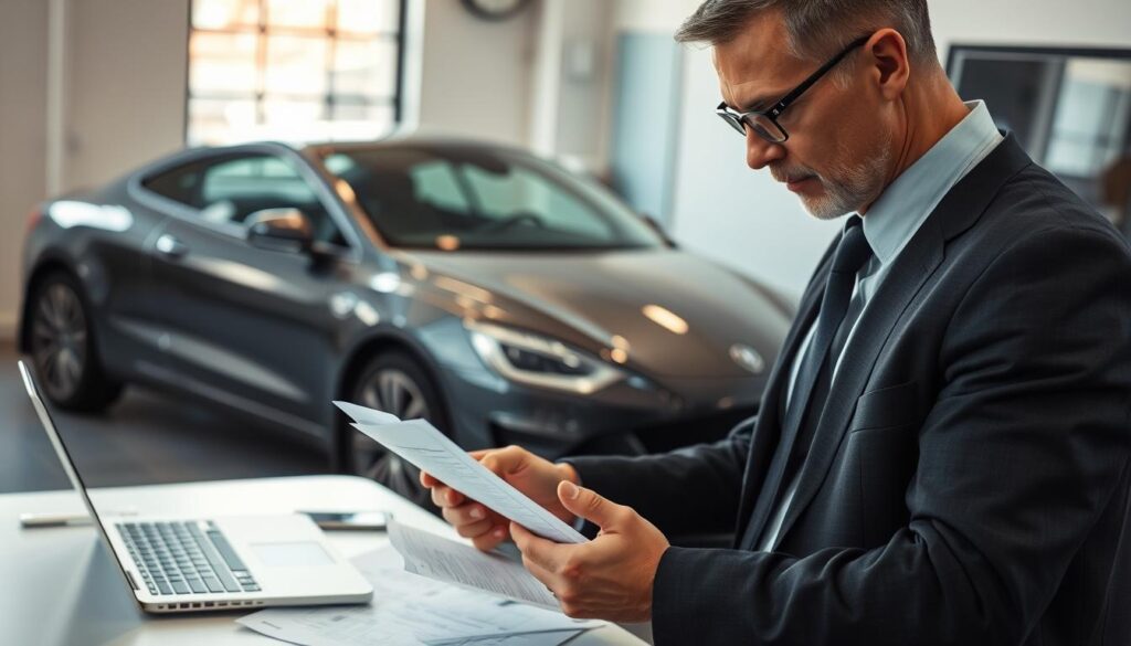 A professional automotive expert (rzeczoznawca) in a modern office environment, wearing business attire, examining a vehicle's damage report and notes. In the foreground, the expert is focused intently on the documents, showcasing a serious and analytical demeanor. In the middle ground, a partially visible car with visible scratches and dents is parked, representing the subject of the assessment. The background features a sleek desk with a laptop open, stacks of paperwork, and a window allowing natural light to filter in, creating a warm and inviting atmosphere. The lighting is soft, highlighting the expert’s engaged expression and the details on the vehicle, suggesting a mood of professionalism and diligence in the claims process.
