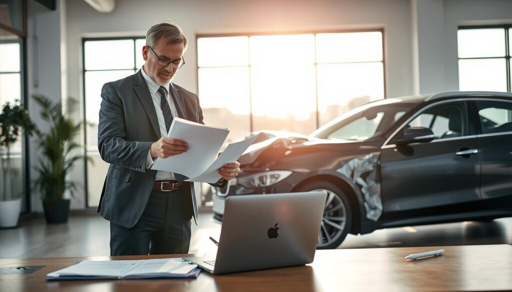 A professional collision damage assessment scene in an office environment. In the foreground, a confident insurance adjuster in business attire examines a car damage report, surrounded by paperwork and a laptop. The middle ground features a damaged car with visible dents and scratches parked in a well-lit office, symbolizing the complexity of damage assessment. In the background, a large window reveals a sunny day outside, creating a bright and optimistic atmosphere. Soft diffused lighting enhances the clarity of details, and a slight depth of field focuses on the adjuster, conveying a serious yet professional mood. The image captures the essence of assessing damage and common pitfalls in estimating vehicle repairs.