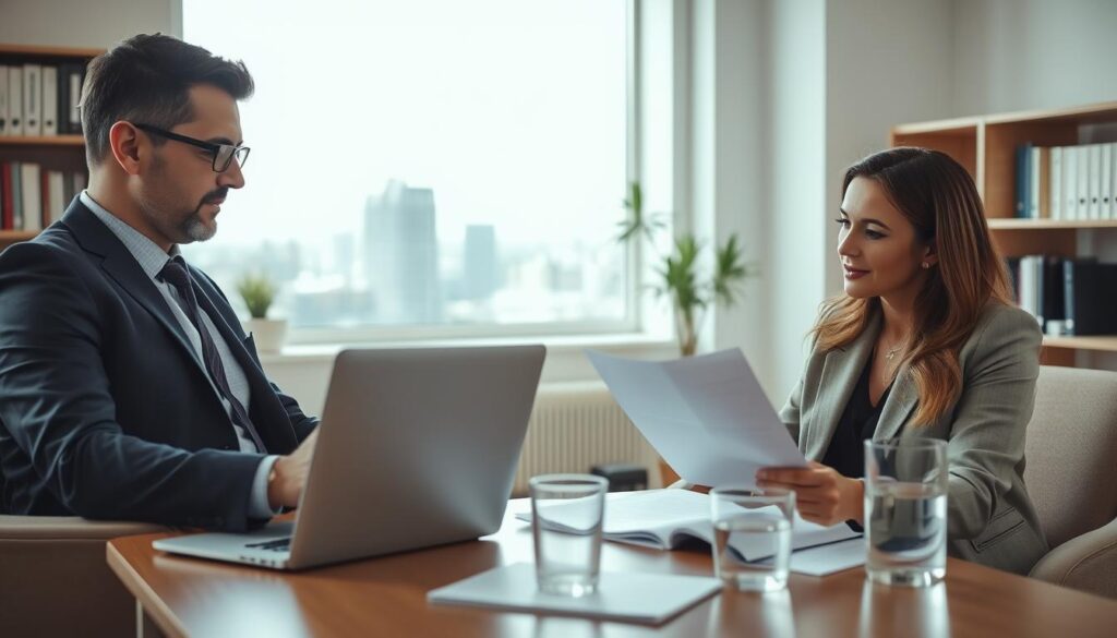 A professional insurance consultant engaged in a one-on-one consultation with a client in a well-lit office environment. The foreground features the consultant, a man in business attire, using a laptop to showcase insurance options, while the client, a woman also in professional attire, attentively reviews documents. The middle ground includes a table with insurance brochures and a clear glass of water. In the background, a bookshelf filled with industry-related books and a serene window view of a cityscape creates an inviting atmosphere. Soft natural lighting stream in through the window, adding warmth to the setting. The mood is focused and optimistic, reflecting the benefits of seeking expert advice in navigating insurance issues.