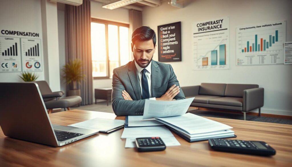 A professional office environment focused on vehicle insurance claims verification. In the foreground, a neatly arranged desk holds a laptop, documents, and a calculator, symbolizing the meticulous process of analyzing compensation claims. A confident business professional, dressed in business attire, studies the paperwork intently, showcasing their determination to provide accurate assessments. In the middle ground, a large window allows natural light to pour in, illuminating charts and graphs on the wall that represent compensation trends. The background features a modern office with sleek furniture and motivational posters related to accountability and justice. The mood is focused and diligent, highlighting the seriousness of ensuring fair compensation assessments. Soft, warm lighting enhances the professional atmosphere. A professional office environment focused on vehicle insurance claims verification. In the foreground, a neatly arranged desk holds a laptop, documents, and a calculator, symbolizing the meticulous process of analyzing compensation claims. A confident business professional, dressed in business attire, studies the paperwork intently, showcasing their determination to provide accurate assessments. In the middle ground, a large window allows natural light to pour in, illuminating charts and graphs on the wall that represent compensation trends. The background features a modern office with sleek furniture and motivational posters related to accountability and justice. The mood is focused and diligent, highlighting the seriousness of ensuring fair compensation assessments. Soft, warm lighting enhances the professional atmosphere.