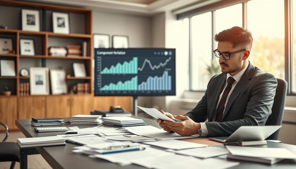 A professional office setting featuring a meticulous inspection of an insurance claim for automotive compensation. In the foreground, a focused insurance adjuster in a smart business suit, examining documents with a calculator in hand, sits at a modern desk cluttered with papers and a laptop. In the middle, a large screen displays charts and graphs related to compensation verification, with a digital overlay showing rising metrics. The background portrays a sophisticated office with shelves of legal books and framed certificates on the walls. Soft, natural lighting from large windows creates a calm, focused atmosphere, while a slight depth of field emphasizes the adjuster’s concentration on the task at hand. A professional office setting featuring a meticulous inspection of an insurance claim for automotive compensation. In the foreground, a focused insurance adjuster in a smart business suit, examining documents with a calculator in hand, sits at a modern desk cluttered with papers and a laptop. In the middle, a large screen displays charts and graphs related to compensation verification, with a digital overlay showing rising metrics. The background portrays a sophisticated office with shelves of legal books and framed certificates on the walls. Soft, natural lighting from large windows creates a calm, focused atmosphere, while a slight depth of field emphasizes the adjuster’s concentration on the task at hand.