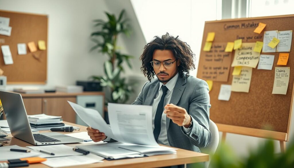 A professional, well-lit office setting serves as the background, showcasing a desk cluttered with documents, insurance forms, and a laptop open to a claims website. In the foreground, a focused person dressed in a smart casual outfit sits, reviewing paperwork with a perplexed expression, suggesting the complexity of claiming compensation. To the side, a large corkboard displays common mistakes in a visually engaging manner, featuring sticky notes and highlighted points. Soft, natural lighting filters through a nearby window, creating a bright and hopeful atmosphere, while a subtle lens blur gently softens the background to keep the viewer's attention on the individual’s thoughtful engagement with the claim process.
